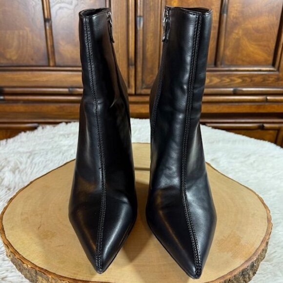 Mackin J Black Faux Leather Pointed Toe Center Stitch Seam Side Zip Heel Bootie - Picture 7 of 13